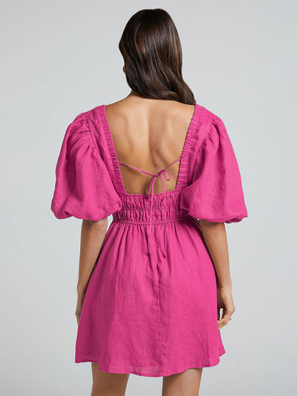 Summer Mini Dresses Blue V-Neck Lace Up Beach Dress