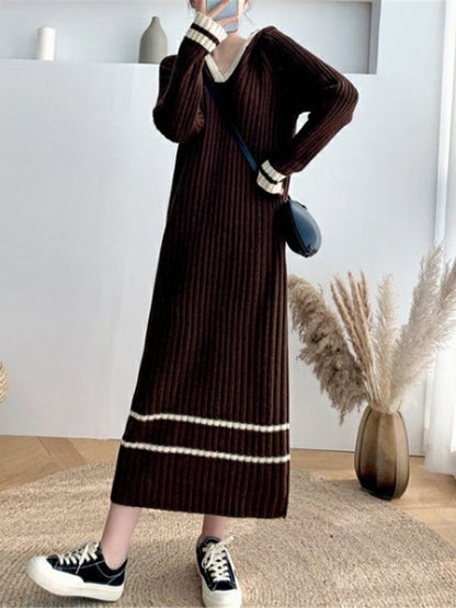 Urban Long Sleeves Loose Striped V-Neck Hooded Sweater Dresses