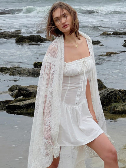 Summer Dress Mini Dresses White Straps Neck Sash Cotton Beach Short Dress