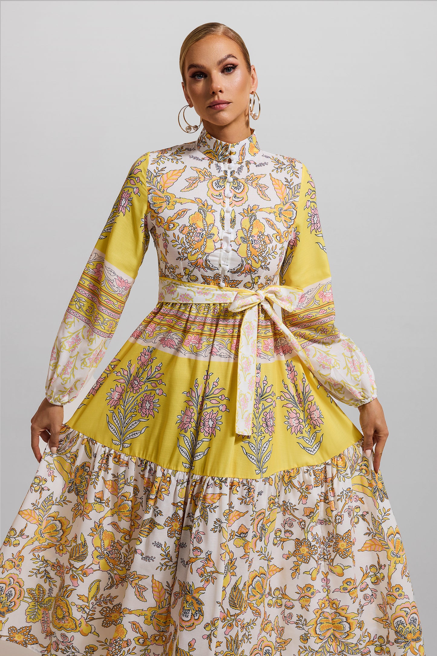 Floral Lantern Sleeve Bottom Midi Dress With Belt