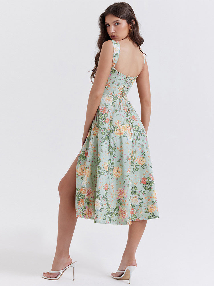 Corset Dress Floral Wide Strap Backless Lace Up Slit Sexy Party Midi Dresses