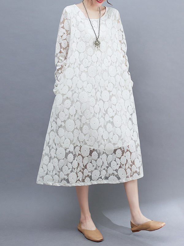 A-Line Long Sleeves Hollow Round-Neck Midi Dresses
