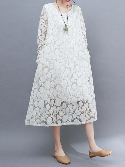 A-Line Long Sleeves Hollow Round-Neck Midi Dresses