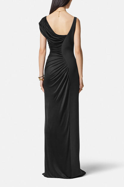 Solid Knit Ruched Split Midi Dress