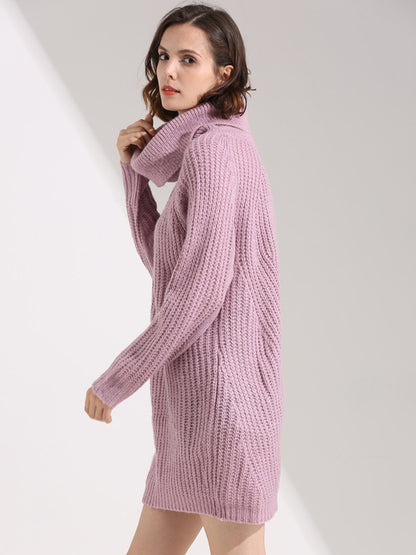 Slouchy Knitted Dress Turtleneck Long Sleeves Ribbed Cuff Mini Dresses