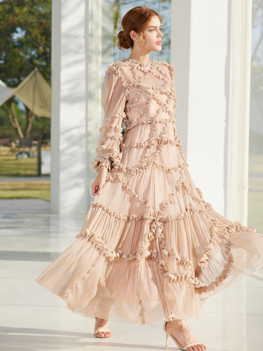 Ruffles Dress Illusion Long Sleeves High Collar Tulle Party Maxi Dresses