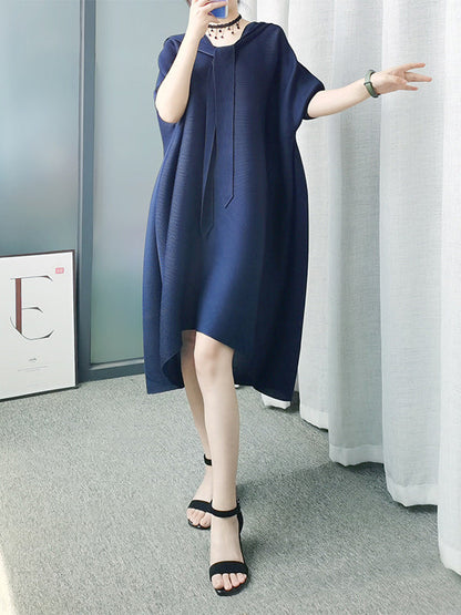 Batwing Sleeves Loose Lace-Up Pleated Hooded Midi Dresses