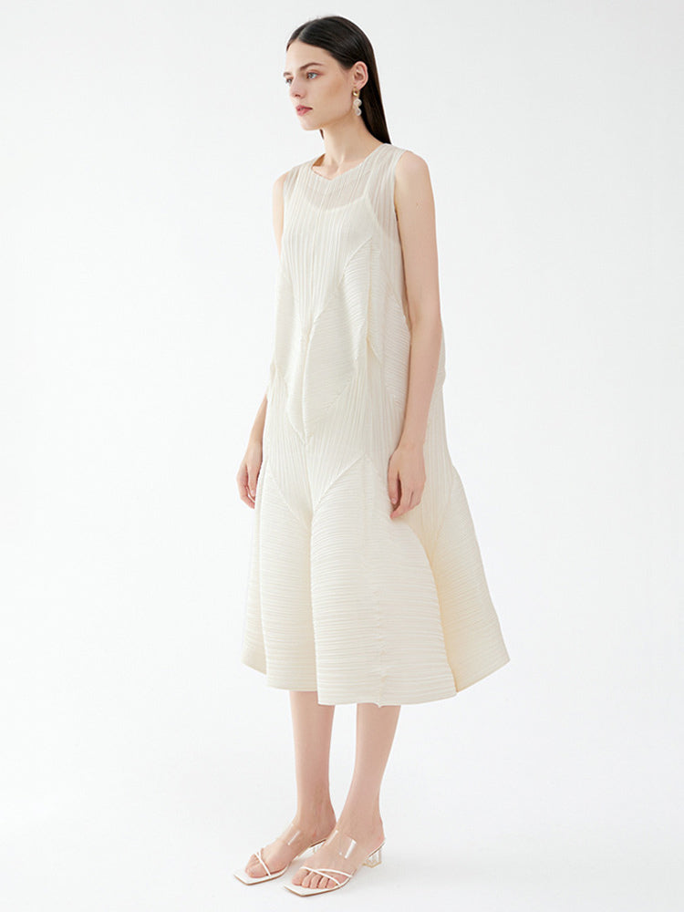 Summer Dress Sleeveless Patchwork Designed Neckline Midi Dress