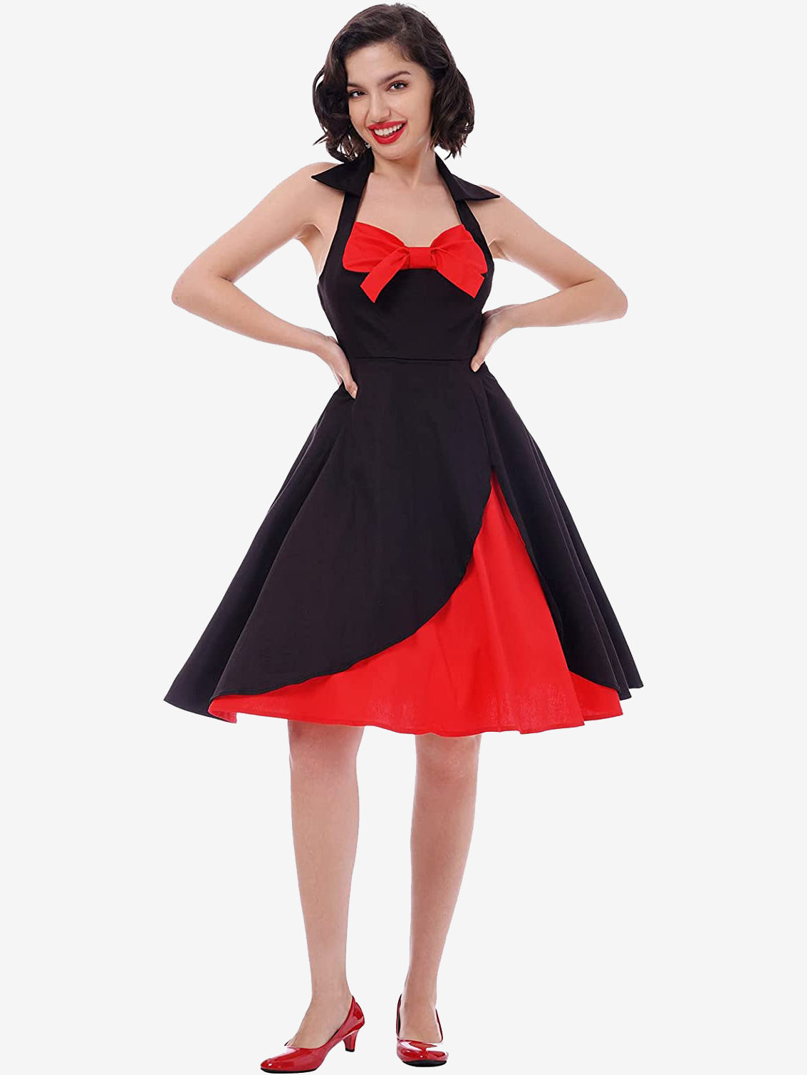 Red And Black Sexy Knot V Neck Halter Party Vintage Dress Women Pin Up Fit And Flare Layered Elegant Midi Dresses