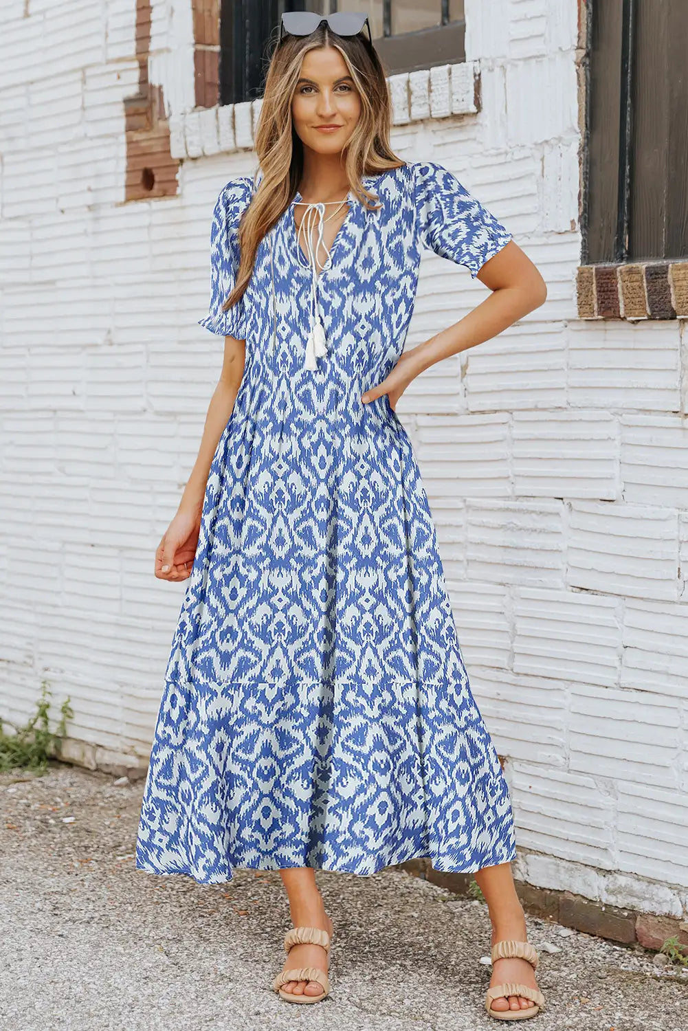 geometric print v neck maxi dress in sky blue