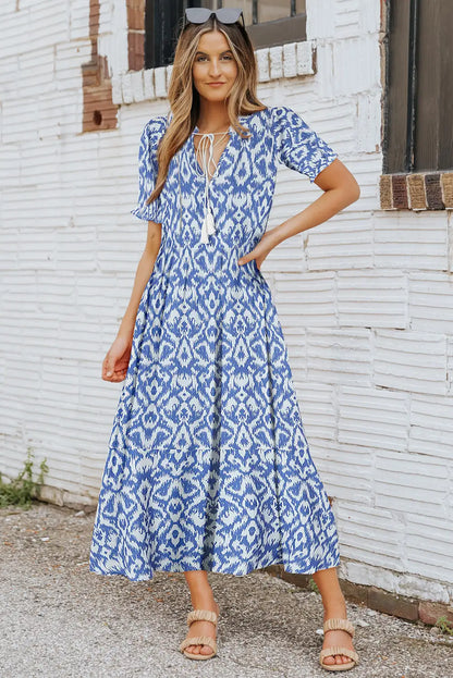 geometric print v neck maxi dress in sky blue
