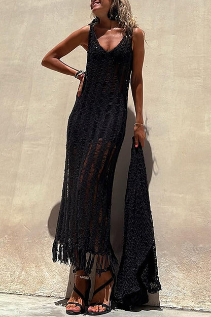 Sun Kissed Dreams Hollow Out Tassel Knit Beach Midi Dress