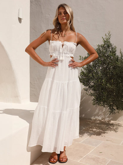 White Dress Tiered Spaghetti Strap Cutout Lace Up Summer Casual Midi Dresses