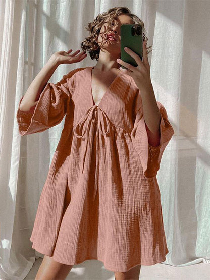 Boho Dress V-Neck Ruffles Sleeves Belted Summer Beach Mini Dresses