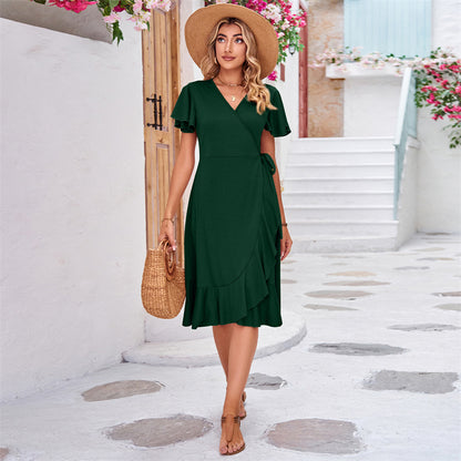 V-Neck Short Sleeve Irregular Midi Dress in Various Colors