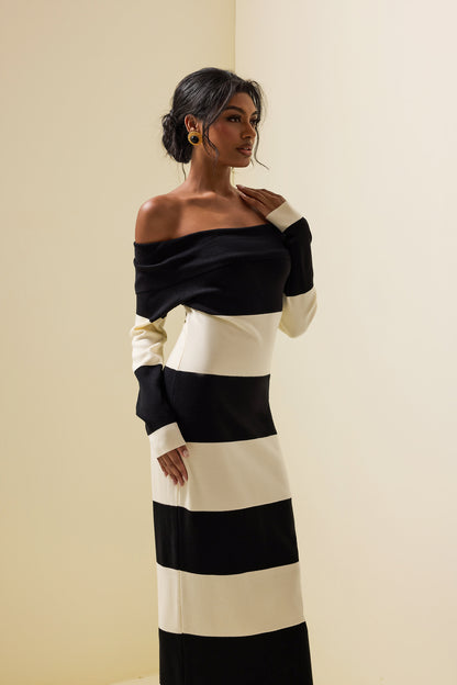 Jersey Stripe Off-Shoulder Midi Dress