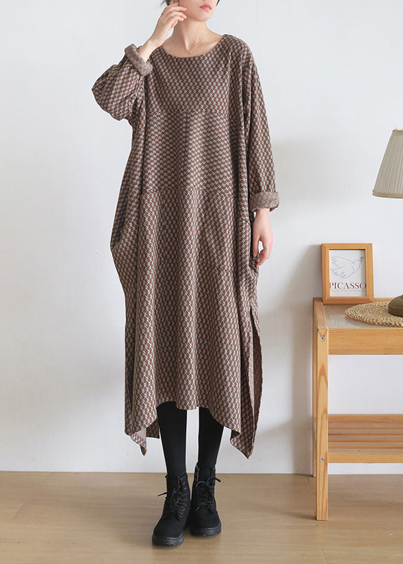 Loose Coffee Colour O-Neck Print Side Open Knit Cotton Maxi Dress Long Sleeve
