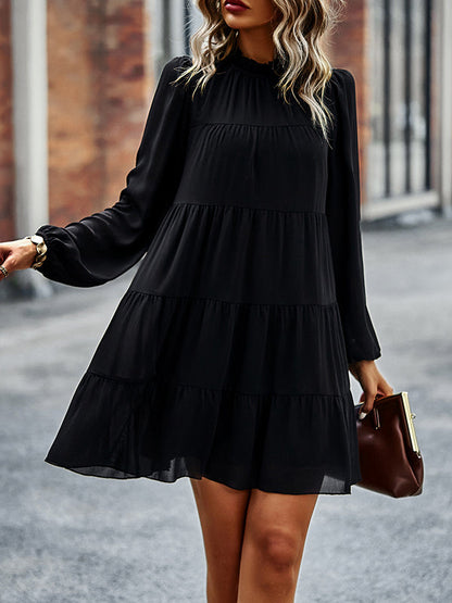 A-Line Bishop Sleeve Elasticity Pleated Solid Color Split-Joint Tied Mock Neck Mini Dresses