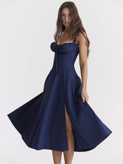 Summer Dress Sleeveless Straps Neck Chic Lace Up Midi Dress For Women