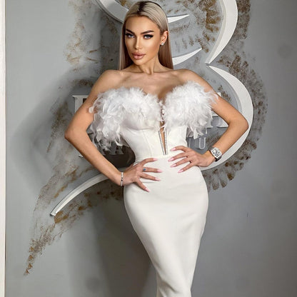 Summer Dress Women Clothes Office Tube Top Bandage Feather Dress French Bandage Midi Dress