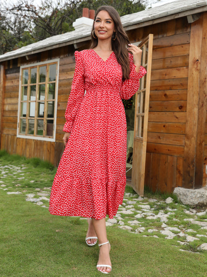 Vintage Polka Dot Dress V-Neck Long Sleeves Ruffles Midi Dresses