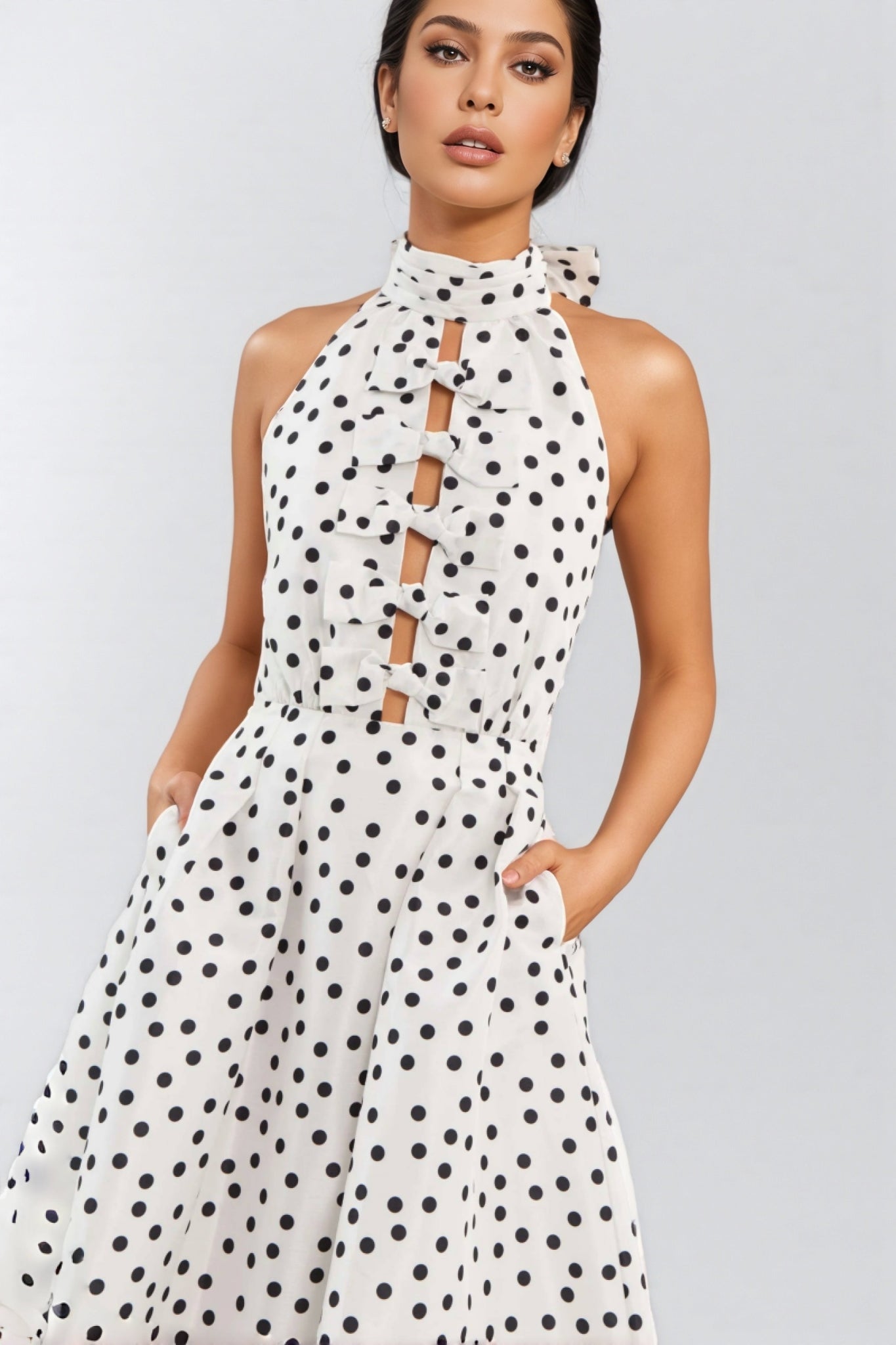 Cainea Bowknot Polka Dot Midi Dress