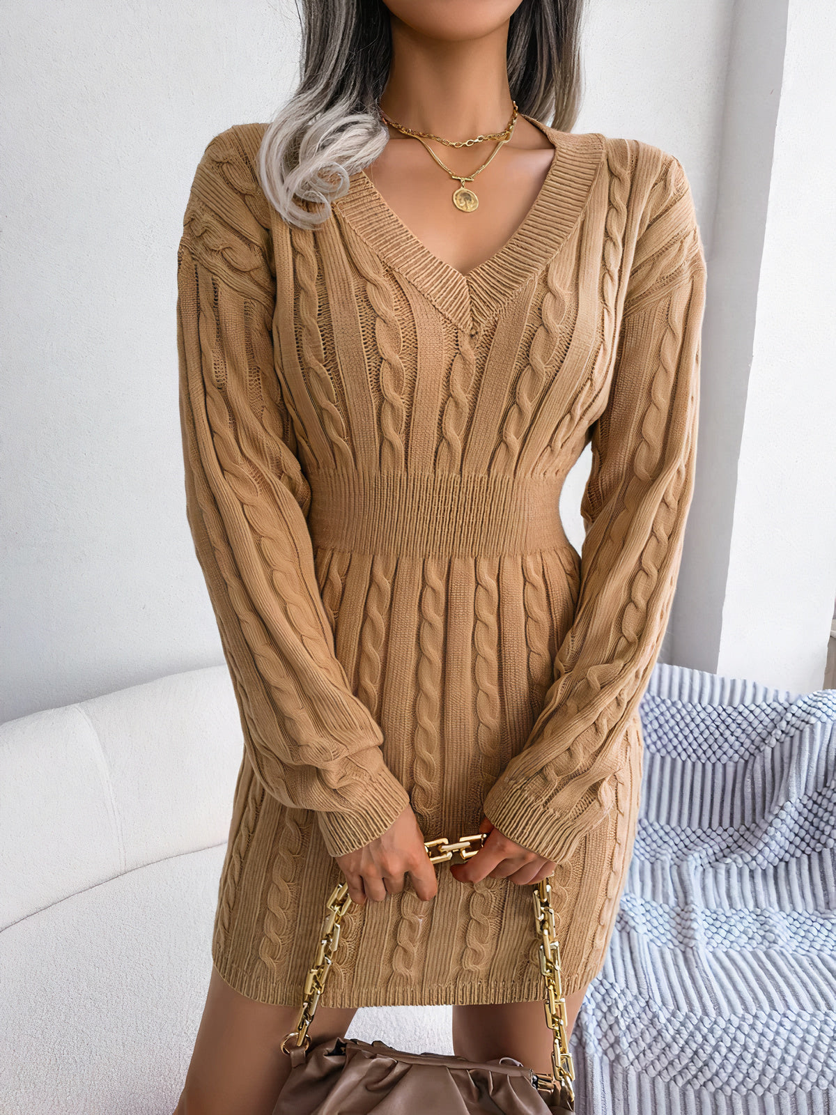 Cable Knit Deep V-Neck Long Sleeve Ribbed Waist Bodycon Mini Dress