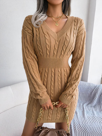 Cable Knit Deep V-Neck Long Sleeve Ribbed Waist Bodycon Mini Dress