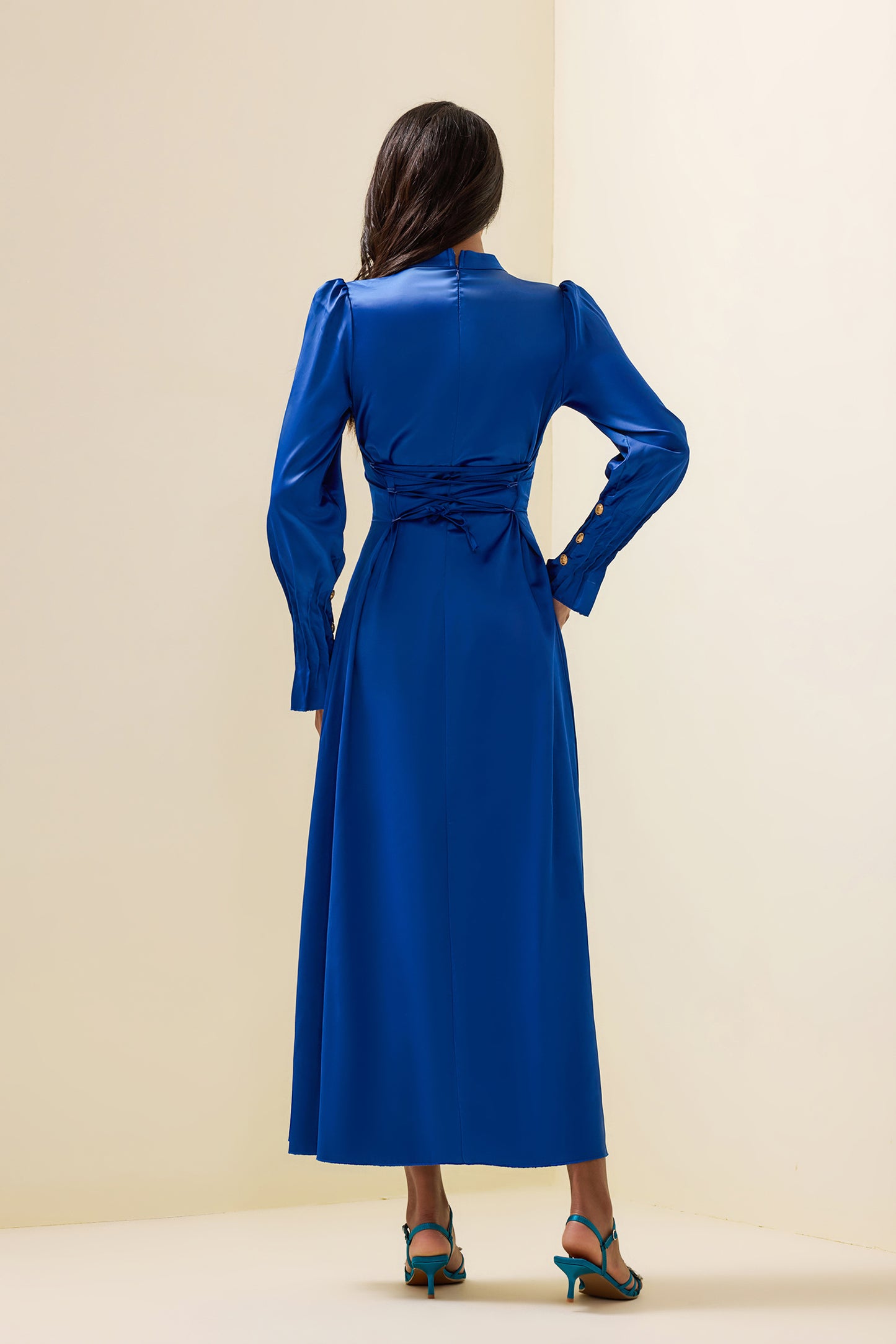 Solid Satin Lantern Sleeve Midi Dress