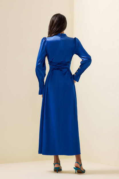 Solid Satin Lantern Sleeve Midi Dress