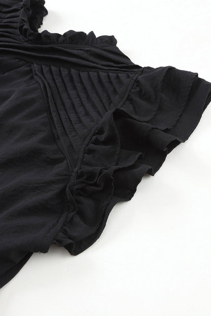 Black Ruffle Flutter Sleeve Pleated Tiered Mini Dress