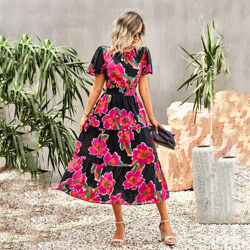 Floral Print Short Sleeve Maxi Dress in Various Colors