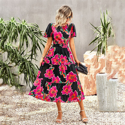 Floral Print Short Sleeve Maxi Dress in Various Colors