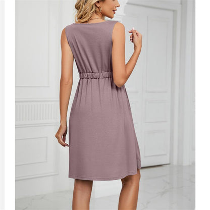 Solid Color Sleeveless Mini Dress with Button Details
