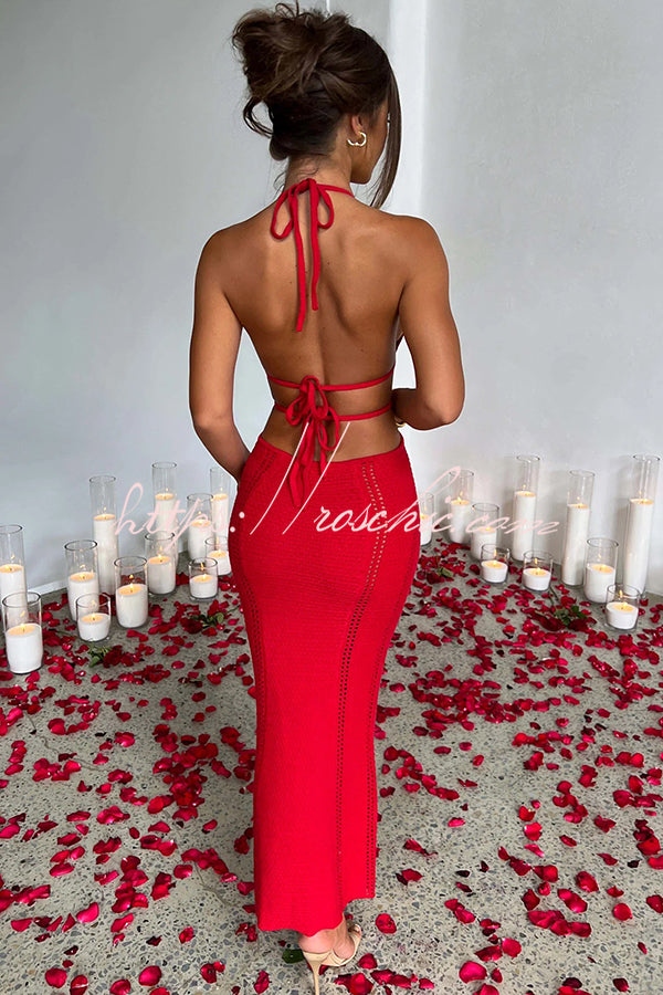 Effortlessly Cool and Sexy Knit Crochet Cutout Halter Tie-up Stretch Maxi Dress