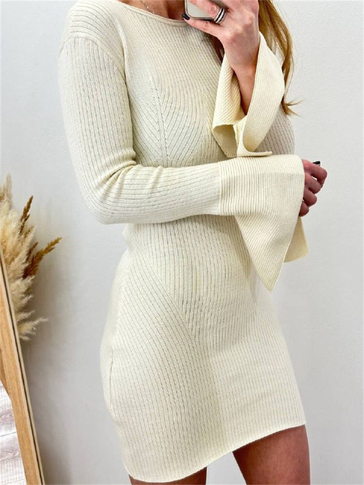 Bell Sleeve Skinny Sheath Woolen Autumn Winter Round Neck Knitted Mini Dress