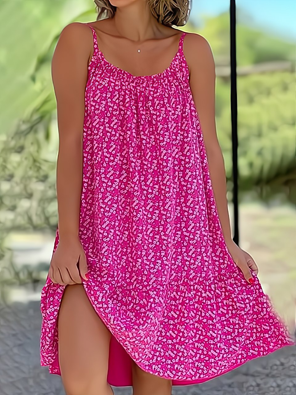 Ditsy Print Spaghetti Strap Scoop Neck Swing Mini Dress with Side Slit