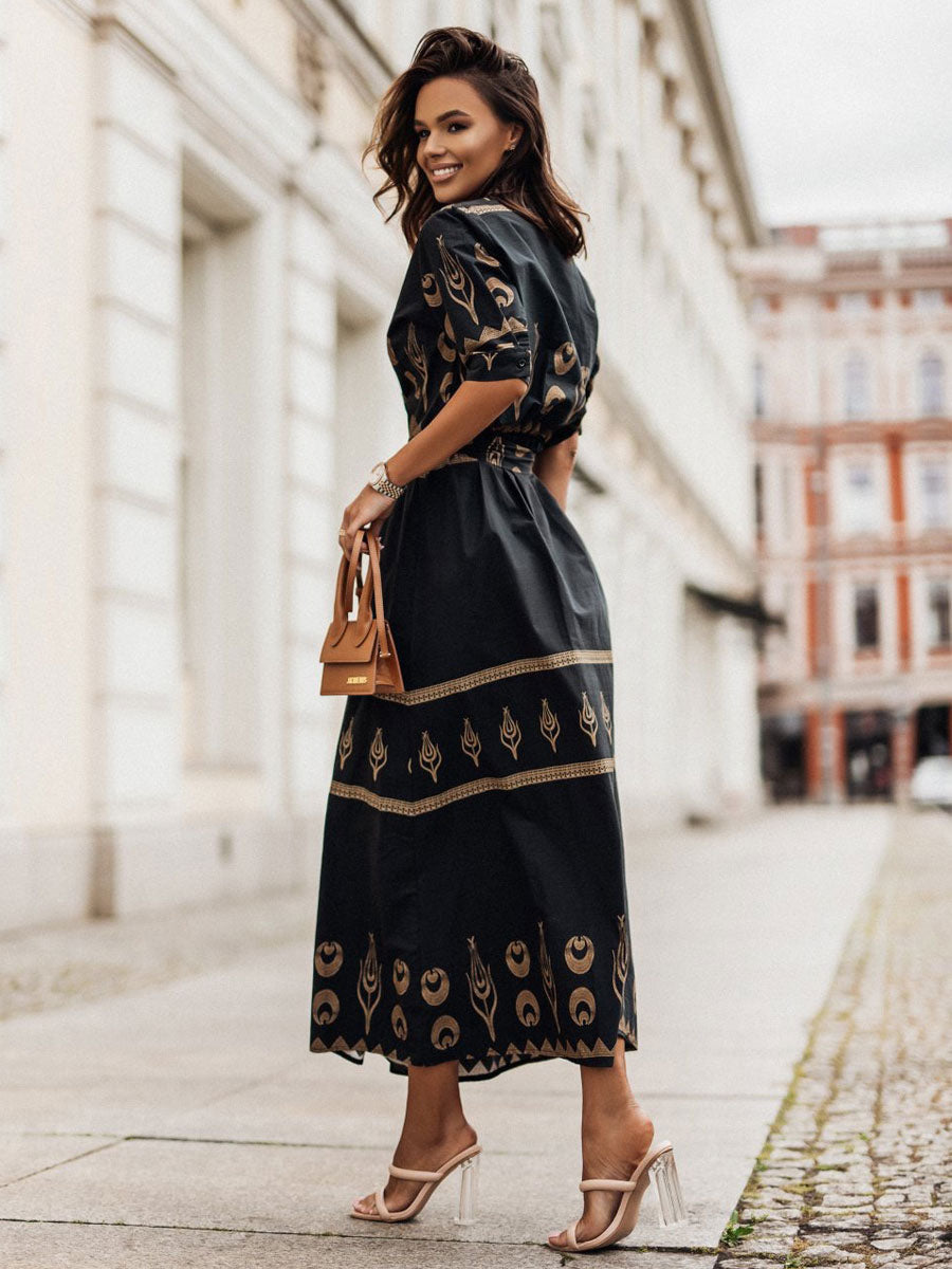 Maxi Dress Stand Collar Half Sleeves Linen Sexy Floral Print Drawstring Floor Length Dress