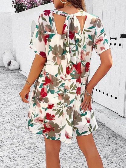 Botanical print short-sleeved tiered mini dress