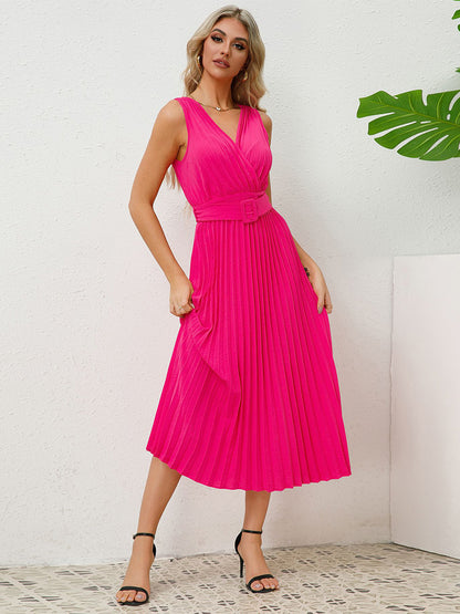 Sleeveless Party Dress V-Neck Accordion Belted Pleated Skirt Midi Dresses