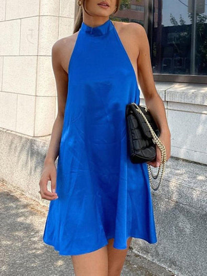 A-Line Loose Backless Solid Color Tied Halter-Neck Mini Dresses