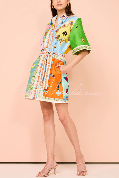 Linen Blend Unique Printed Short Sleeved Pocket Tie Waist Mini Dress