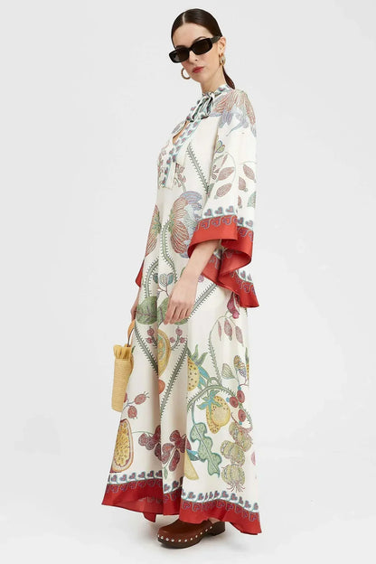 Botanical Print Tie Neck Bell Sleeve Border Trim Maxi Dress