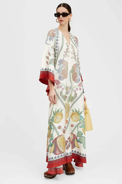 Botanical Print Tie Neck Bell Sleeve Border Trim Maxi Dress