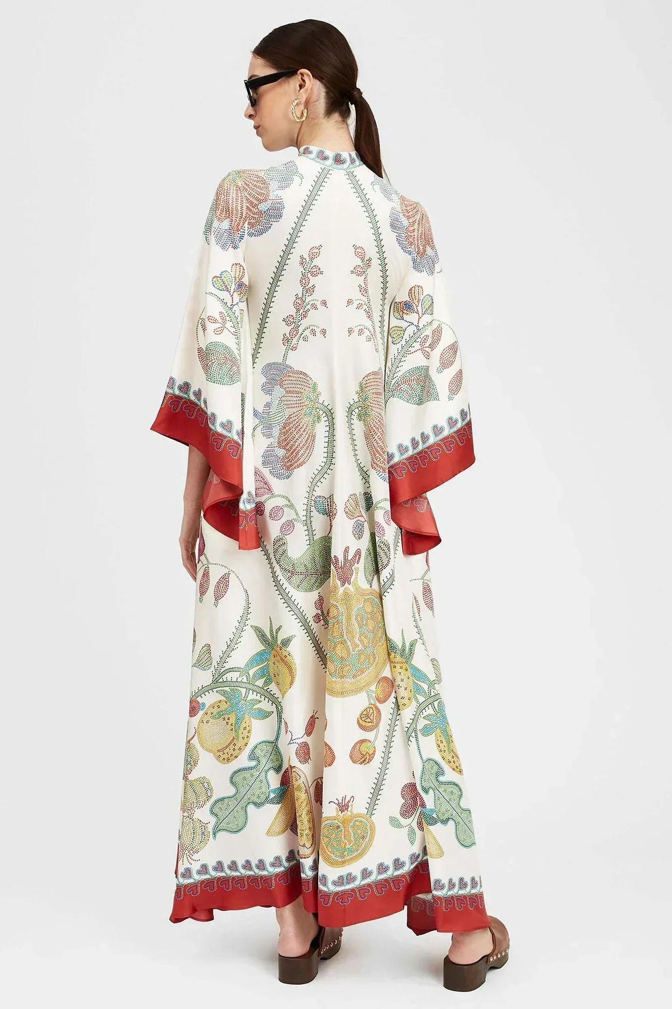 Botanical Print Tie Neck Bell Sleeve Border Trim Maxi Dress