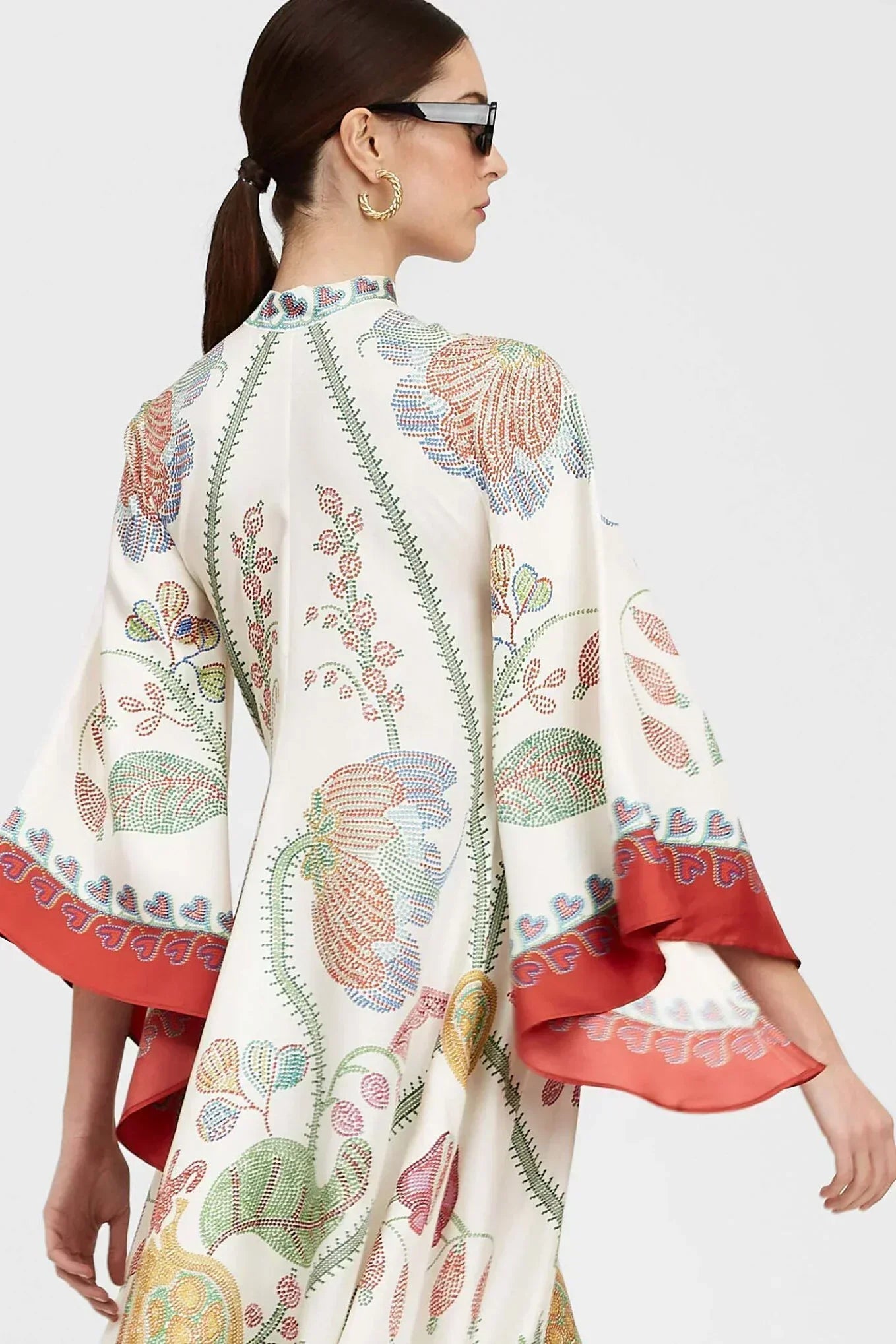 Botanical Print Tie Neck Bell Sleeve Border Trim Maxi Dress
