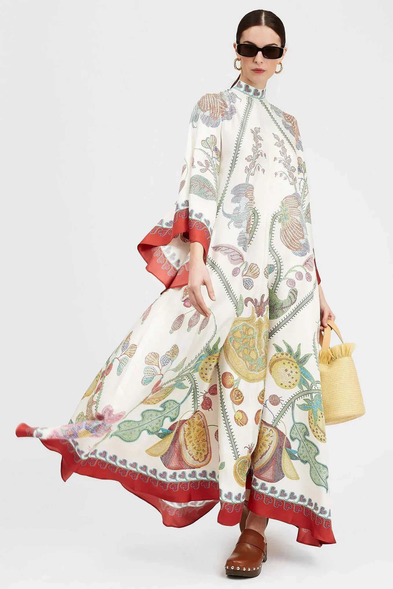 Botanical Print Tie Neck Bell Sleeve Border Trim Maxi Dress