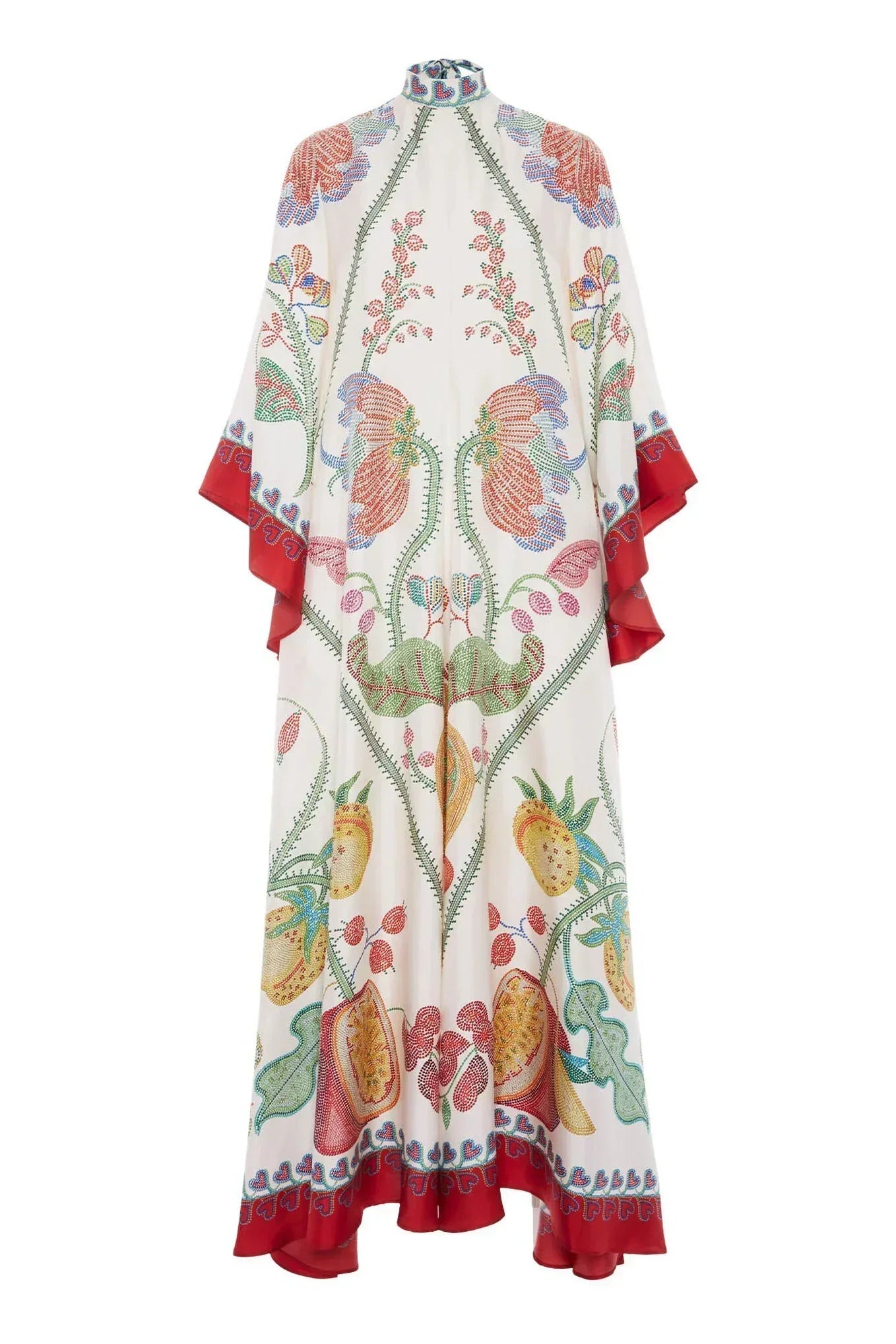 Botanical Print Tie-Neck Bell Sleeve Border Trim Maxi Dress