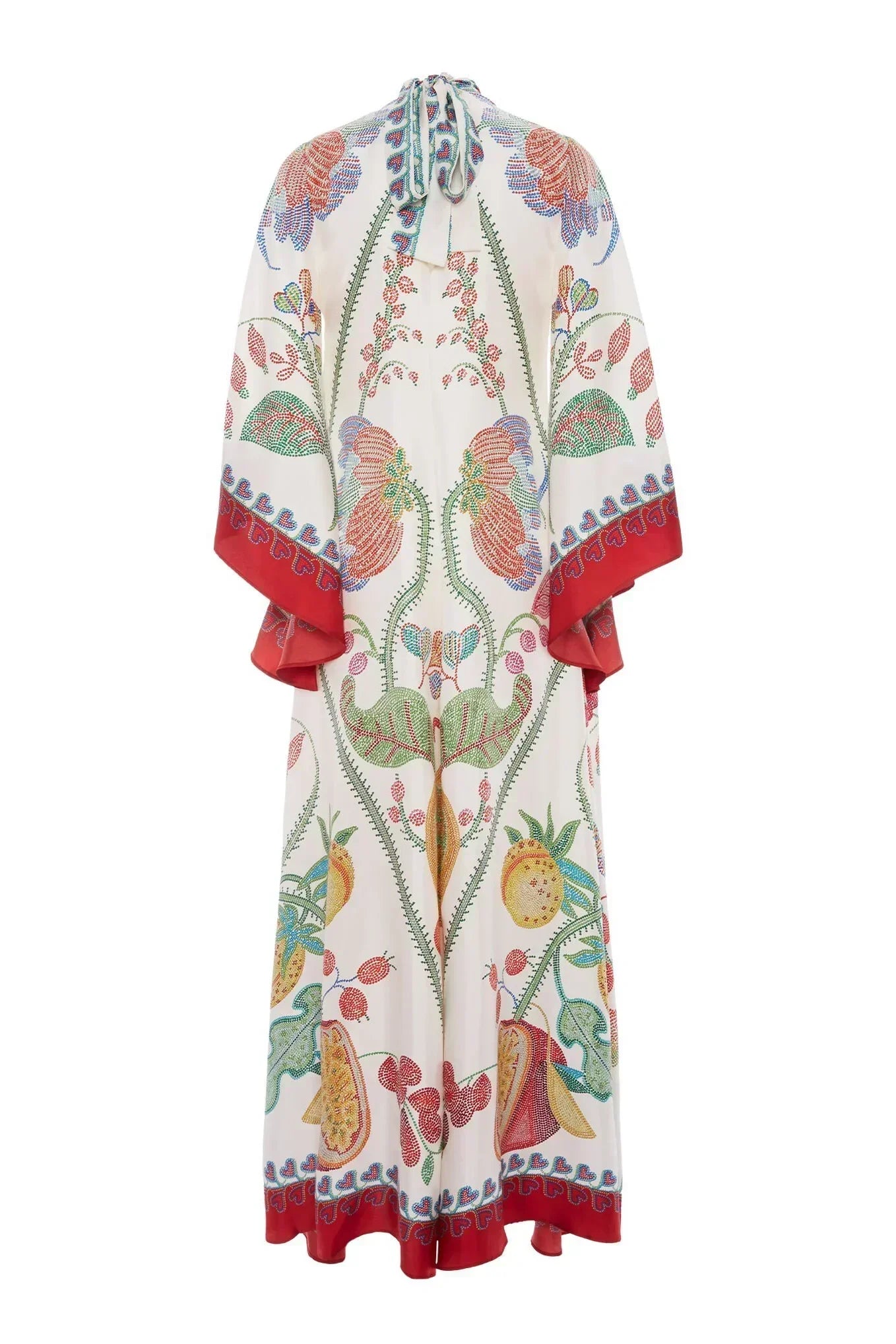 Botanical Print Tie Neck Bell Sleeve Border Trim Maxi Dress
