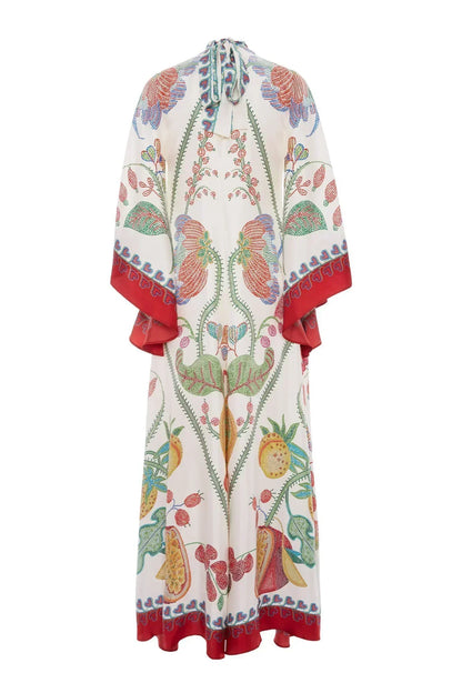Botanical Print Tie Neck Bell Sleeve Border Trim Maxi Dress